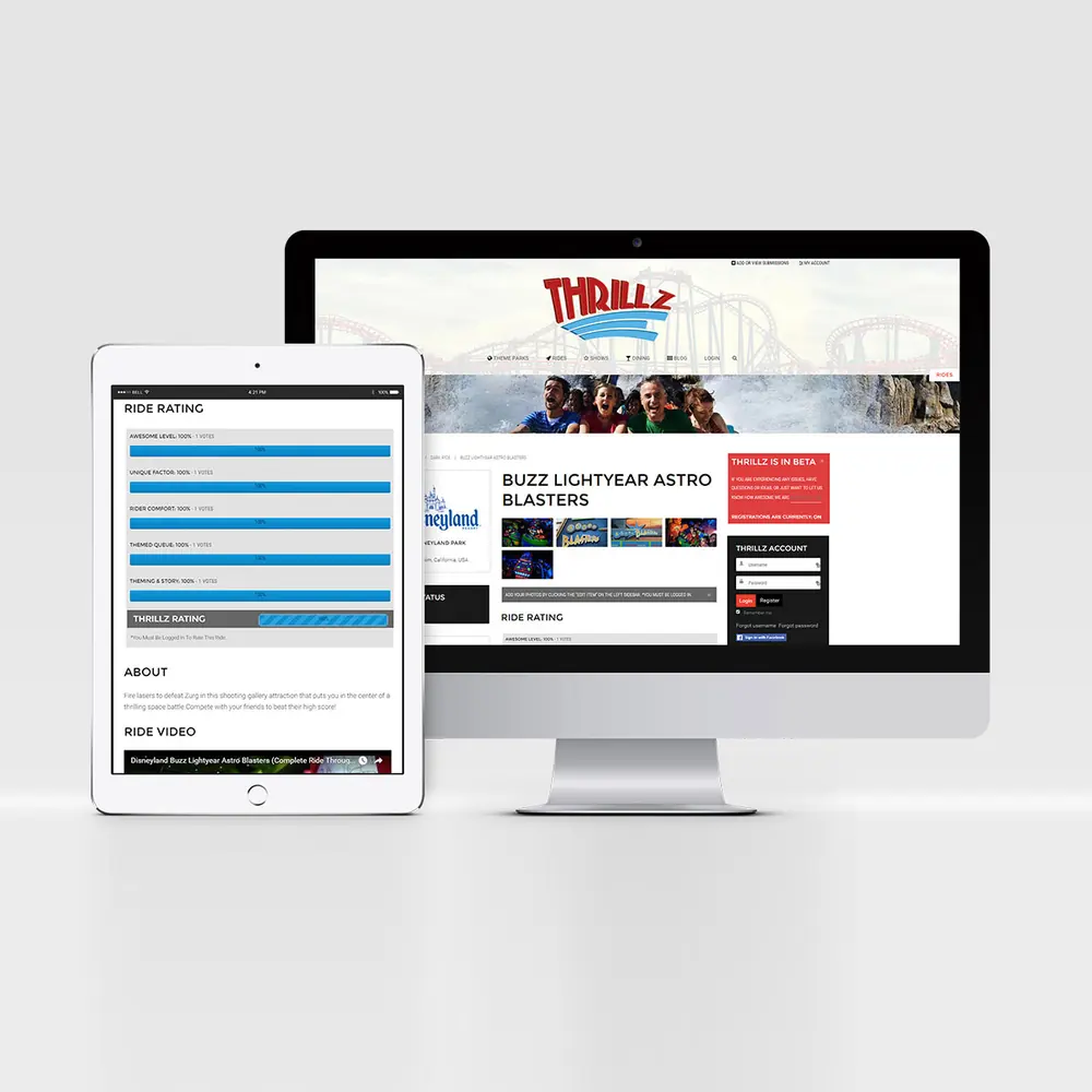 Thrillz theme park review site on a desktop and a tablet